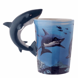 Close up image of a shark handled mug and painted design sold at dingle aquairum
