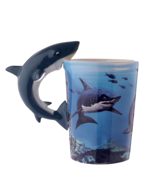 Close up image of a shark handled mug and painted design sold at dingle aquairum